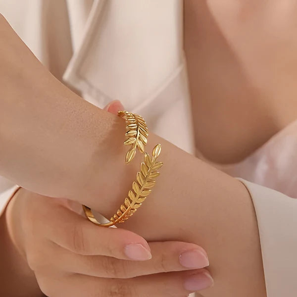 Greek Roman Laurel Leaf Bracelet || Stainless Steel Bracelet Gold Color Laurel Leaves Wheat Ears Boho Bangle Party Jewelry Christmas Gift || Rakhi Gift for Sister