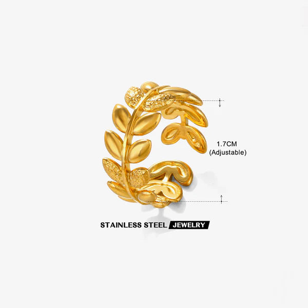 Gold leaf-shaped ring with adjustable size on a white background