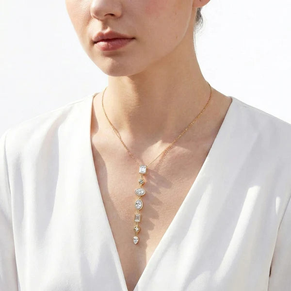 Multi-cut White Crystals Stones Golden Chain Y Necklace Waterproof Anti Tarnish 18K Gold Plated Spectrum Charm Necklace Chunky Layered white Rhinestone Jewelry for Women || Rakhi Gift for Sister