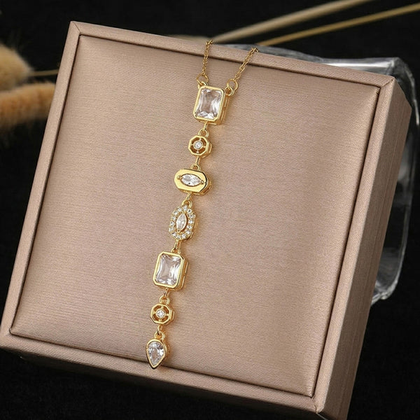 Multi-cut White Crystals Stones Golden Chain Y Necklace Waterproof Anti Tarnish 18K Gold Plated Spectrum Charm Necklace Chunky Layered white Rhinestone Jewelry for Women || Rakhi Gift for Sister