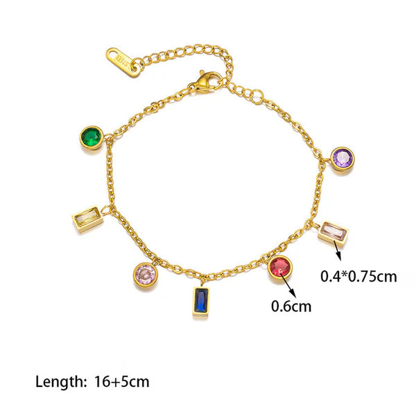 Gold chain anklet with multiple colorful gemstone charms, shown on a white background with dimension labels indicating a length of 16+5cm.