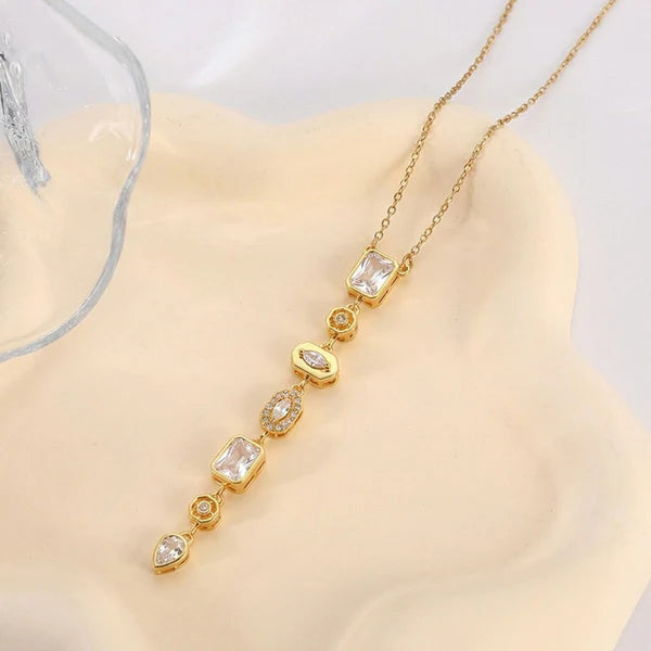 Multi-cut White Crystals Stones Golden Chain Y Necklace Waterproof Anti Tarnish 18K Gold Plated Spectrum Charm Necklace Chunky Layered white Rhinestone Jewelry for Women || Rakhi Gift for Sister