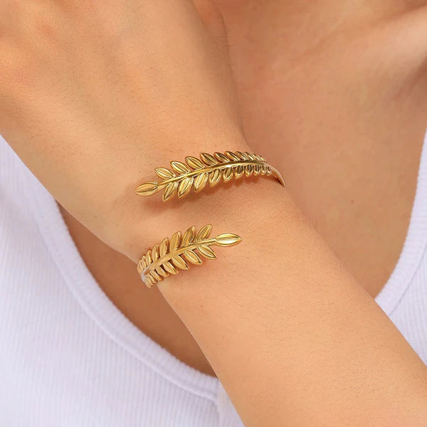 Greek Roman Laurel Leaf Bracelet || Stainless Steel Bracelet Gold Color Laurel Leaves Wheat Ears Boho Bangle Party Jewelry Christmas Gift || Rakhi Gift for Sister