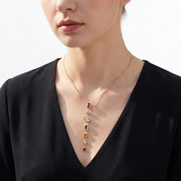 Anti tarnish 18k gold plated spectrum charm neckles chunky layered muticolour jewellery for women or girls wateproof || Rakhi Gift for Sister