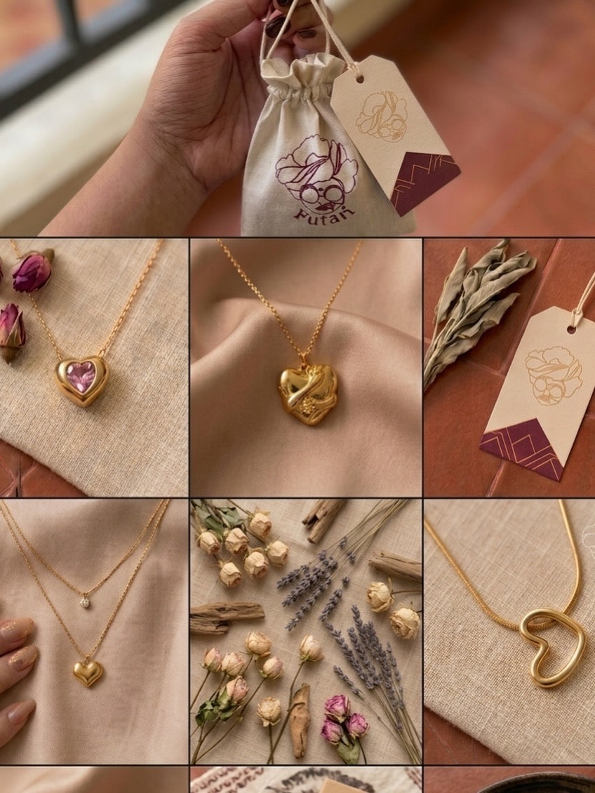 A collage of gold heart-shaped pendant necklaces shown in a warm, styled setting. The necklaces feature various heart designs, including a pink heart, a textured gold heart, and a hollow heart outline.