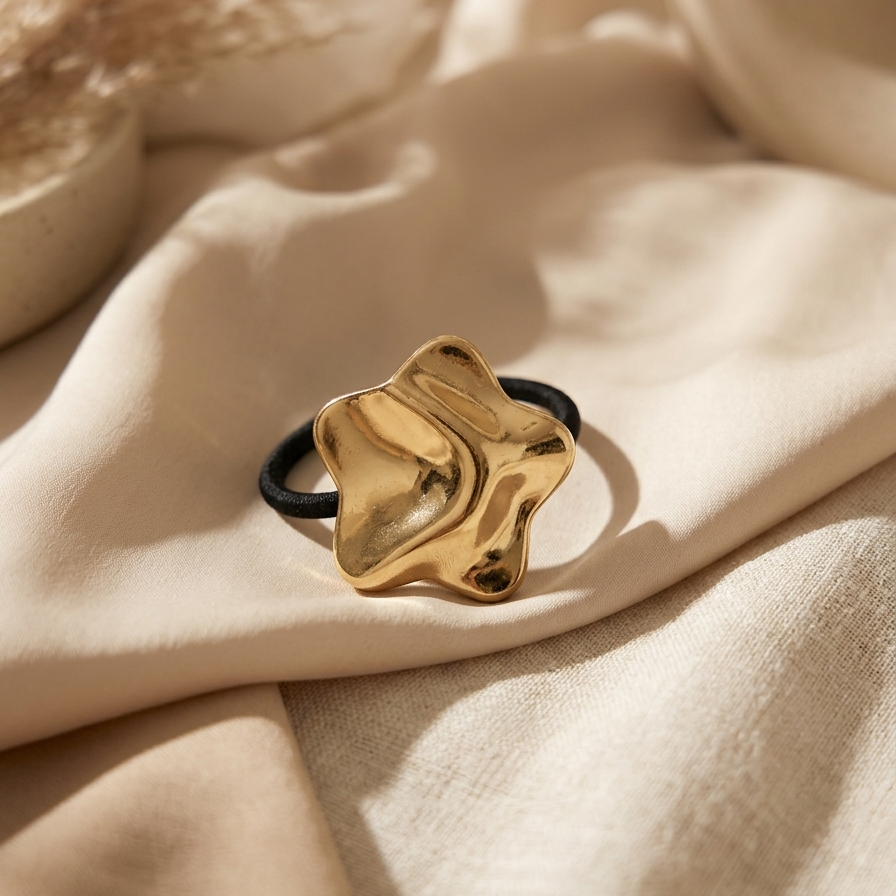 Gold ring with a black band on a beige fabric background
