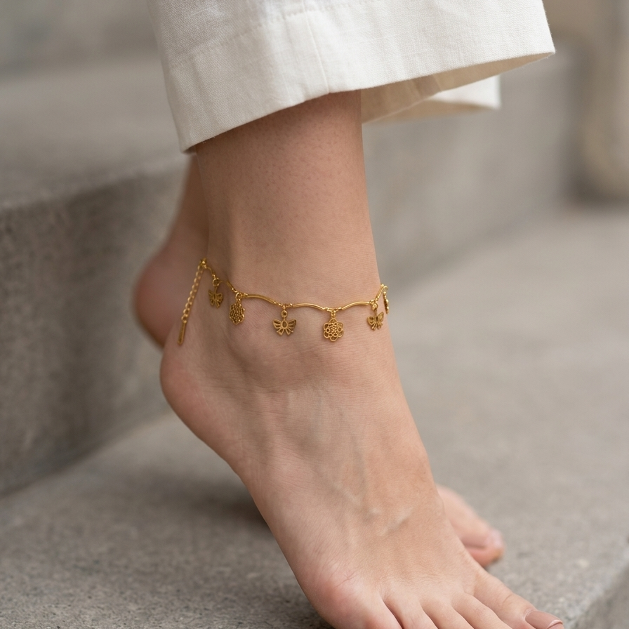 Gold-Plated Butterfly and Mandala Charm Anklet || Rakhi Gift for Sister