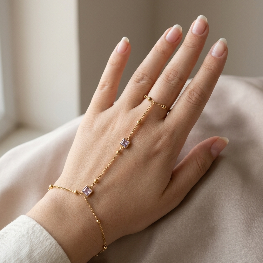 Dainty Gold-Tone Hand Harness with Square Purple Crystal Accents || Hand chains || Rakhi Gift for Sister