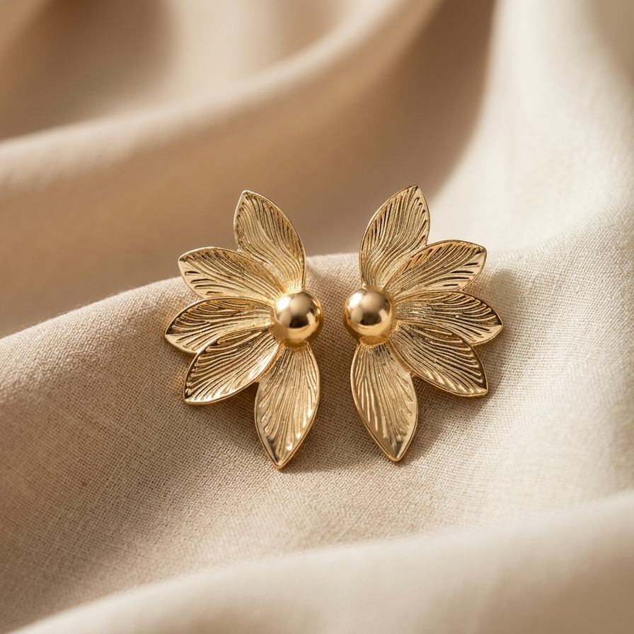 Gold floral earrings on beige fabric