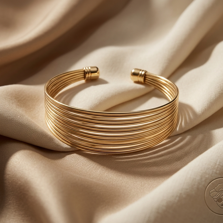 Gold bracelet on beige fabric