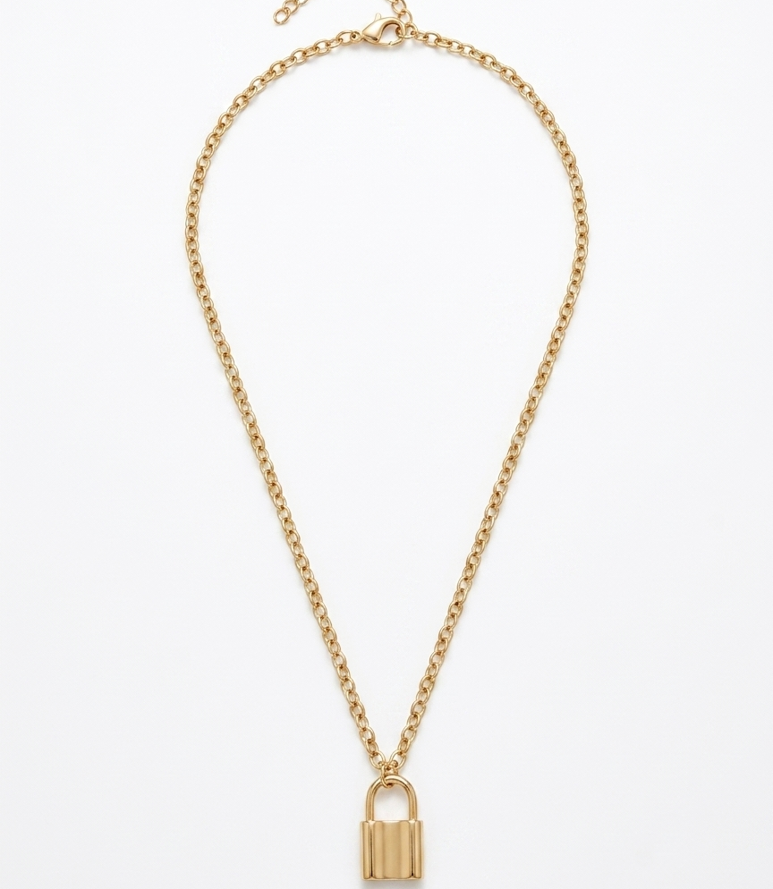 Gold necklace with a padlock pendant on a white background