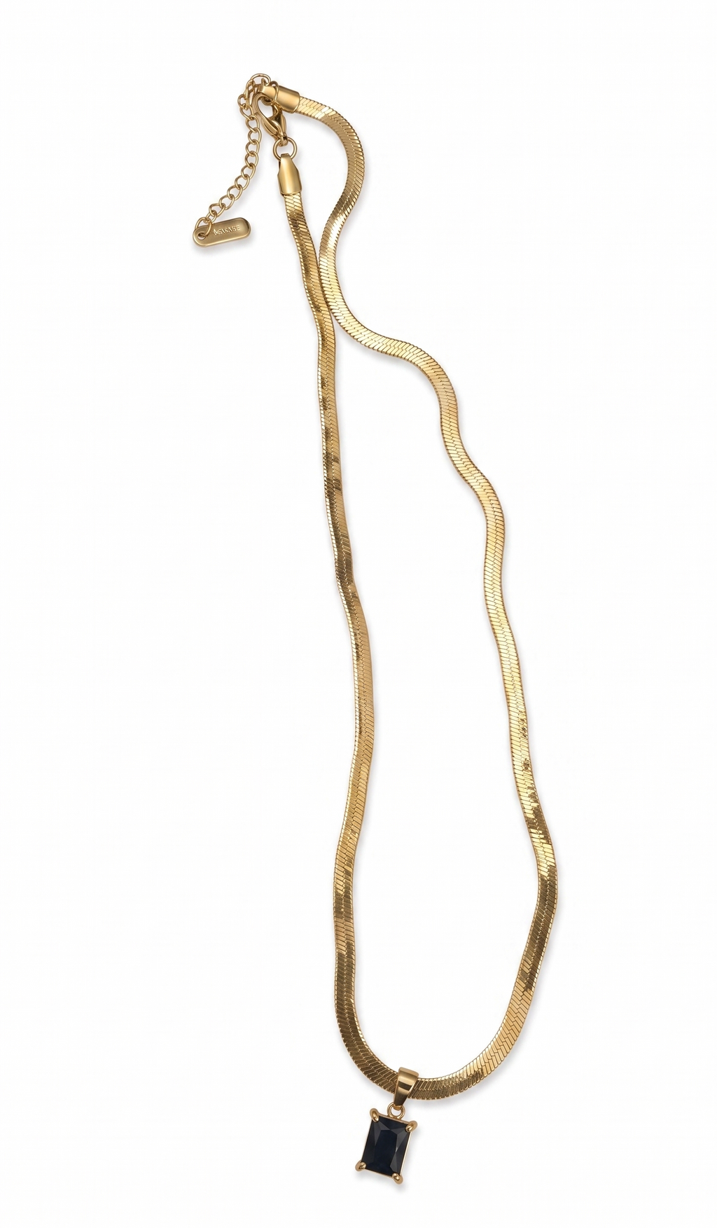 Emerald Elegance Anti-Tarnish Necklace | Gold Herringbone Snake Chain with Green Baguette Pendant