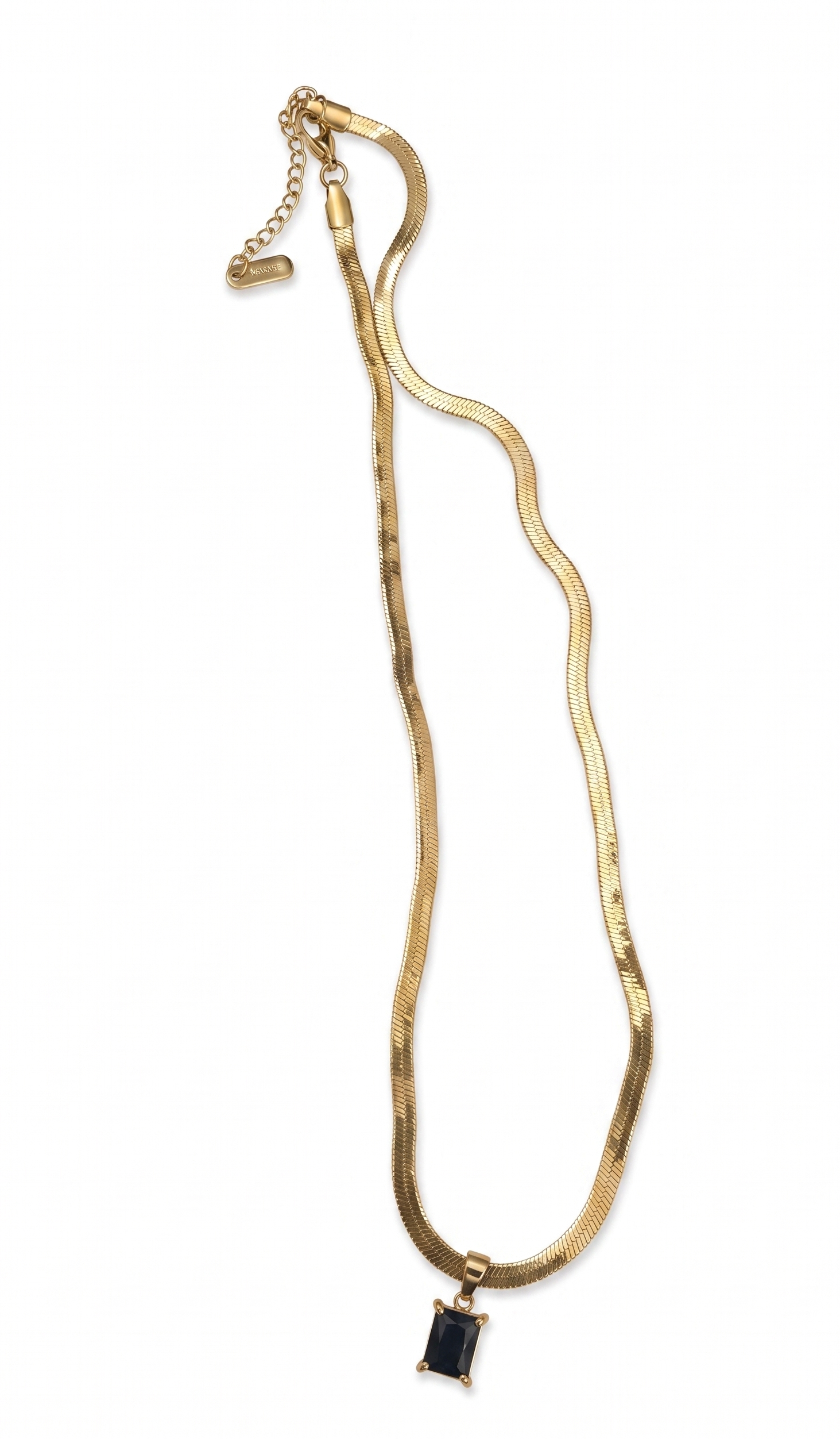 Emerald Elegance Anti-Tarnish Necklace | Gold Herringbone Snake Chain with Green Baguette Pendant
