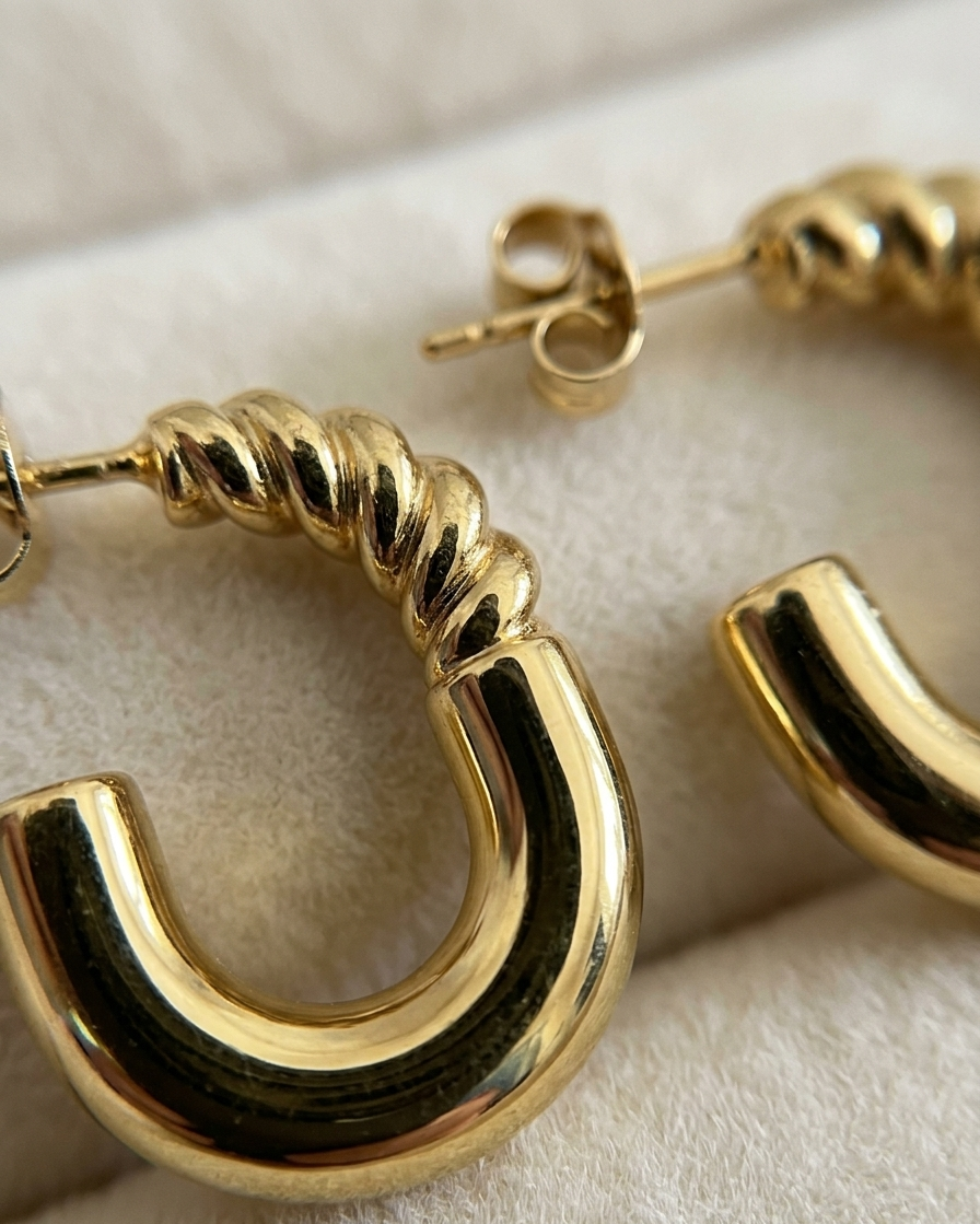 Gold hoop earrings on a light background