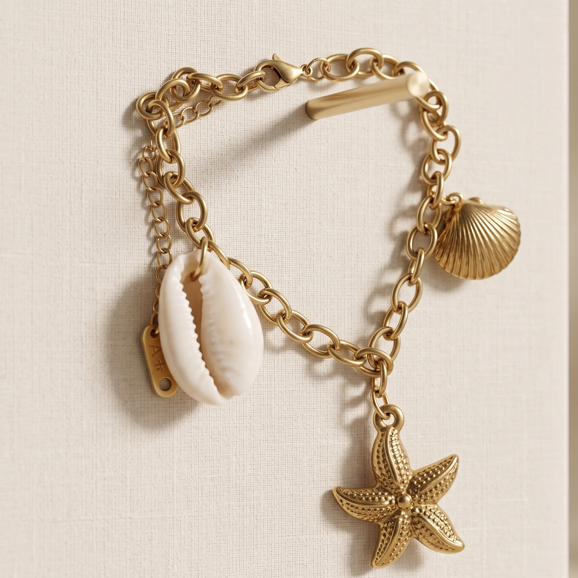 Gold bracelet with starfish and shell charms on a beige background