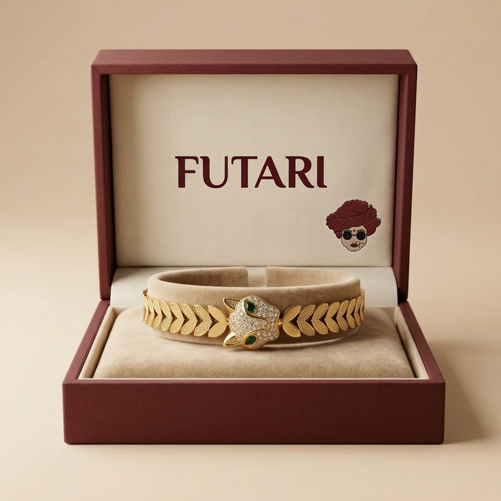 Gold bracelet in an open 'FUTARI' jewelry box on a beige background