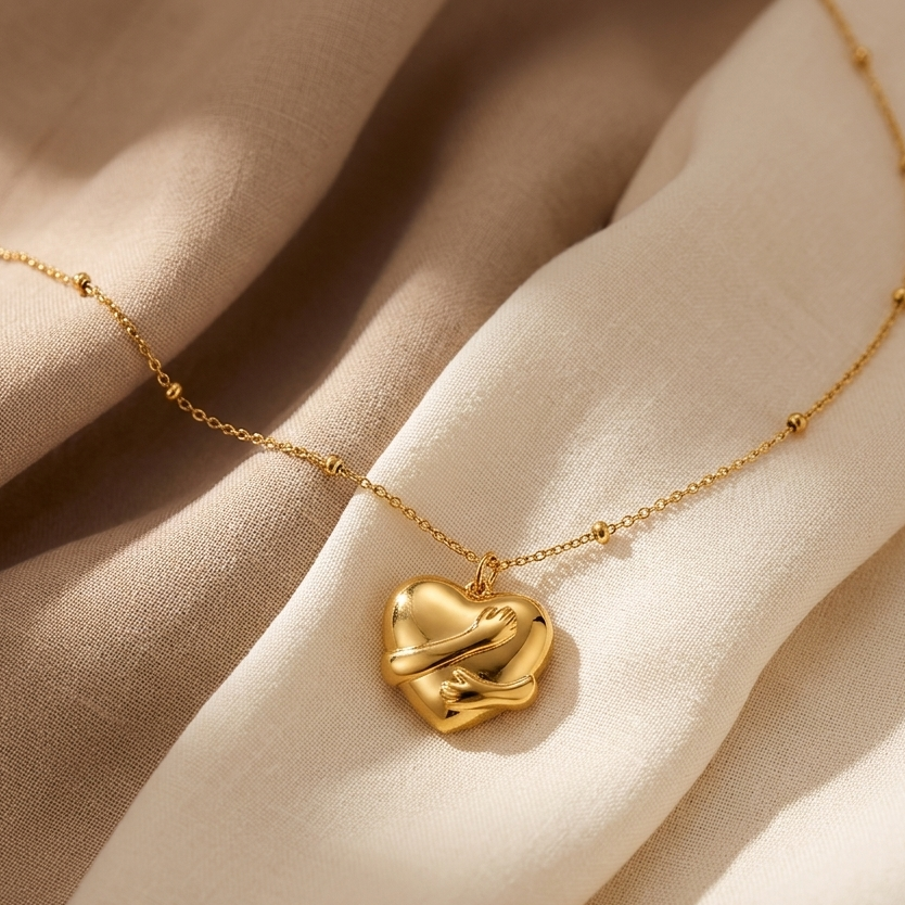 Heart Hug Pendant Necklace for Women – Gold-Tone Embrace Heart Charm with Dainty Chain || Rakhi Gift for Sister