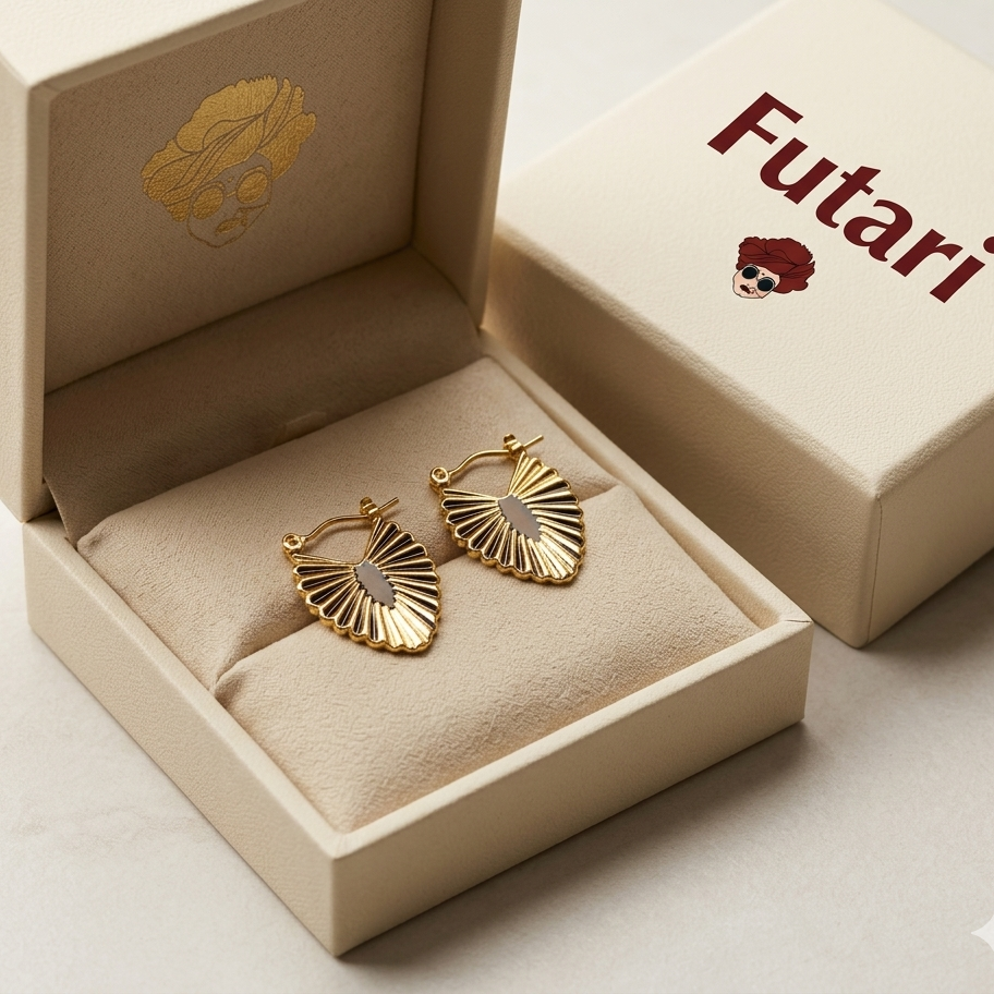 Gold earrings in a 'Futari' branded box on a light background
