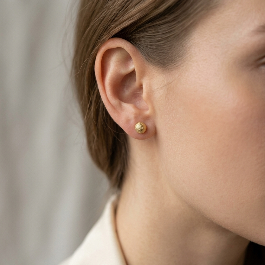 Close-up of a person wearing gold stud earrings with a neutral background