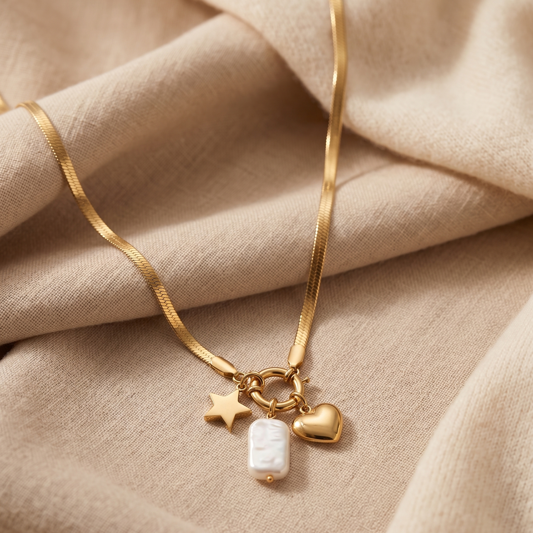 Celestial Heart & Baroque Pearl Anti-Tarnish Snake Chain Necklace