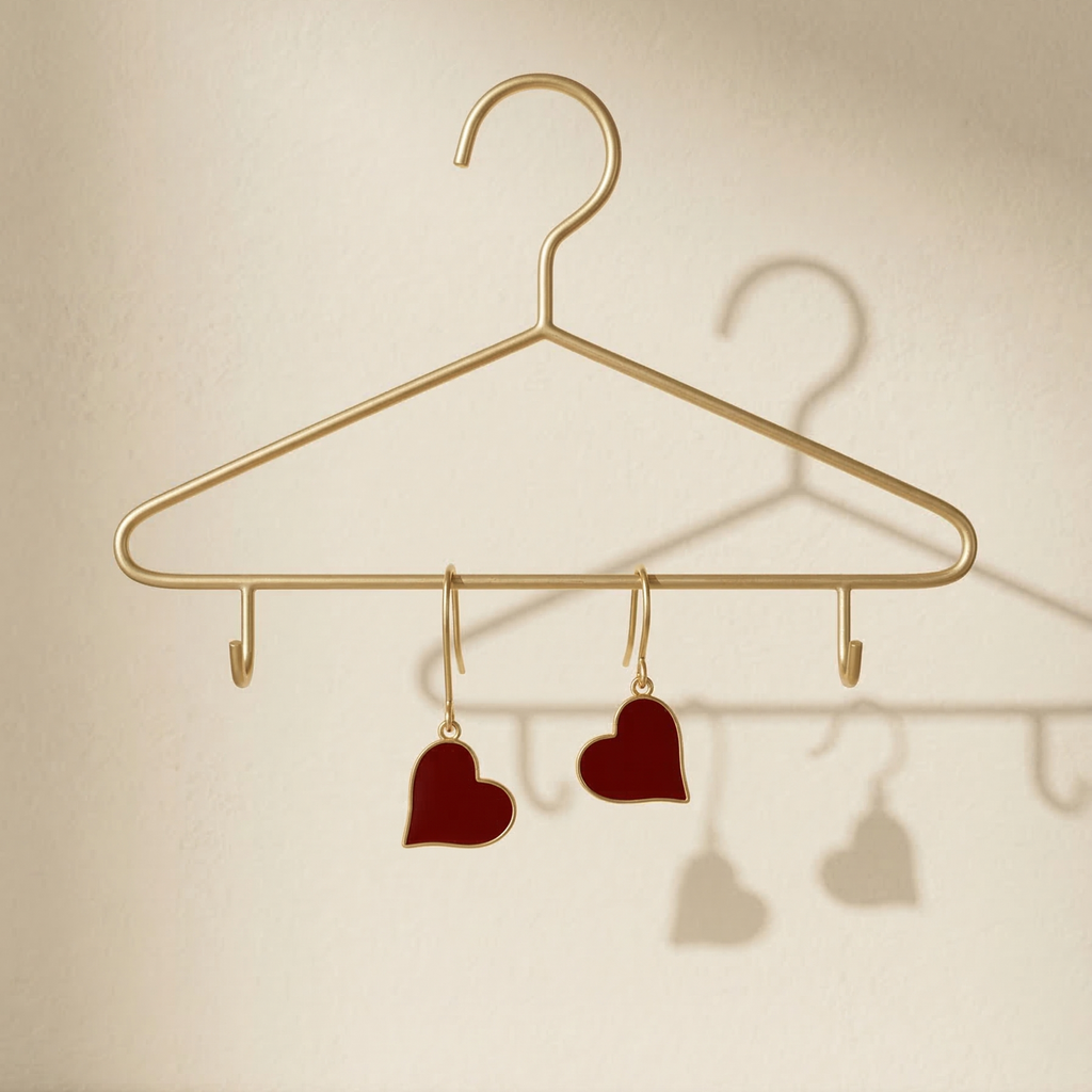 Gold hanger with heart-shaped hooks on a beige background