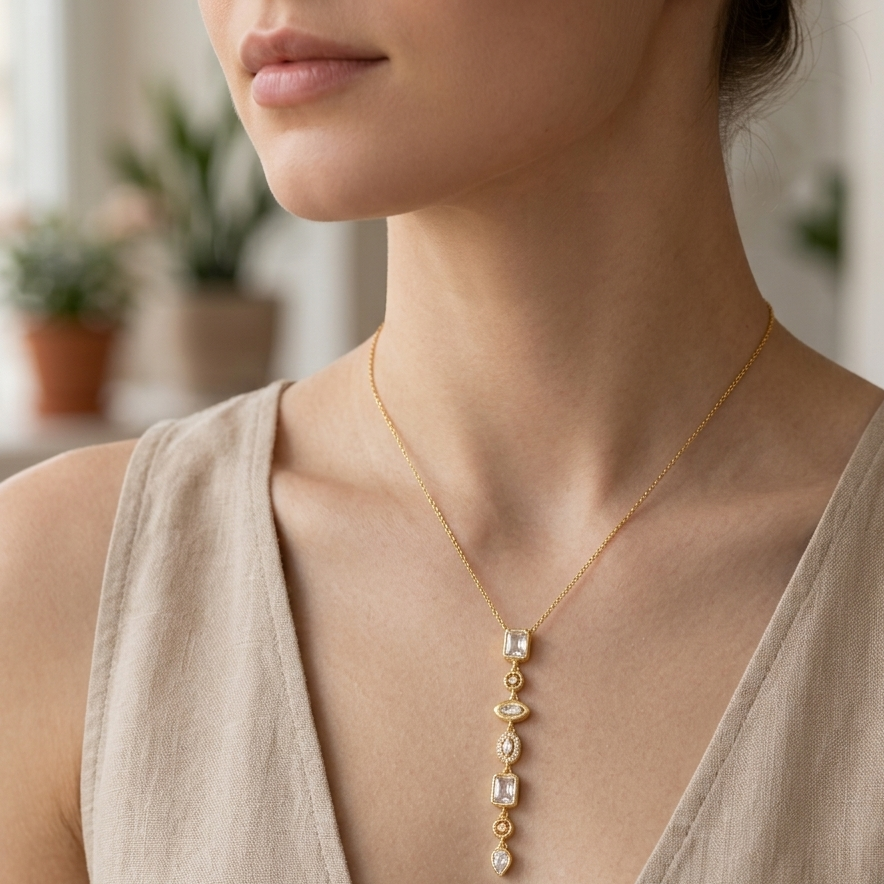 Multi-cut White Crystals Stones Golden Chain Y Necklace Waterproof Anti Tarnish 18K Gold Plated Spectrum Charm Necklace Chunky Layered white Rhinestone Jewelry for Women || Rakhi Gift for Sister