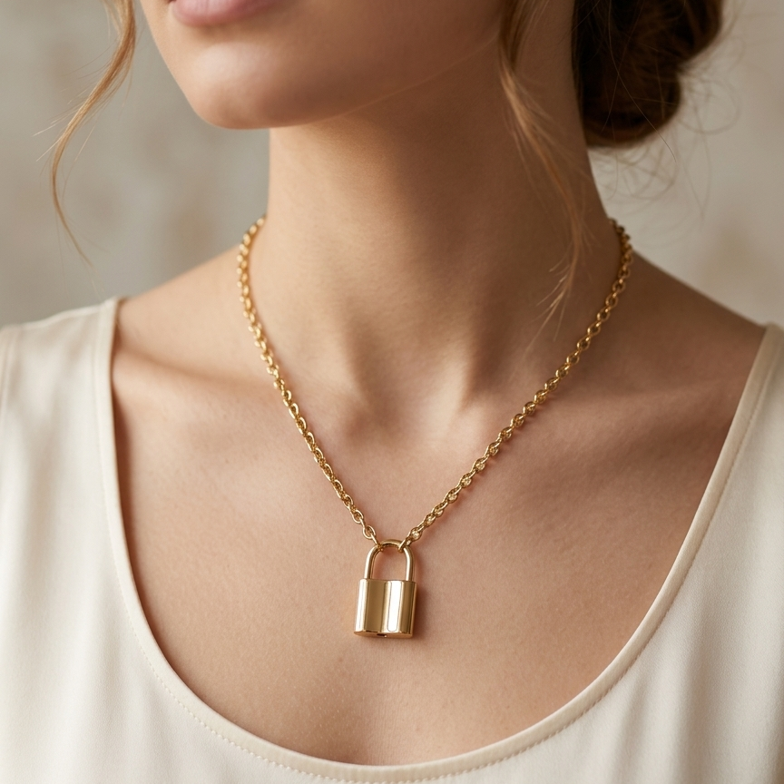 Gold necklace with a lock pendant worn by a person against a neutral background