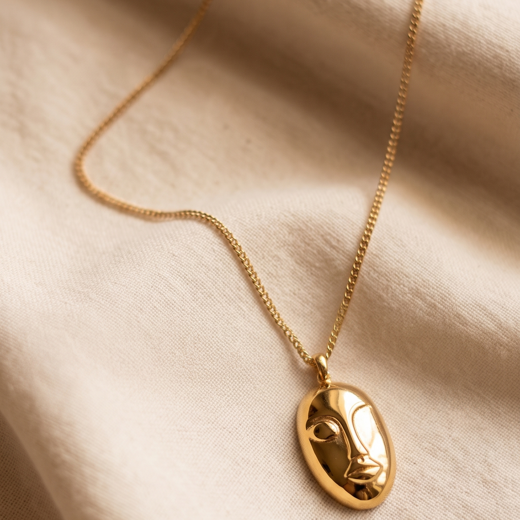 18K Gold Plated Ethereal Face Medallion Necklace – Anti-Tarnish Curb Chain