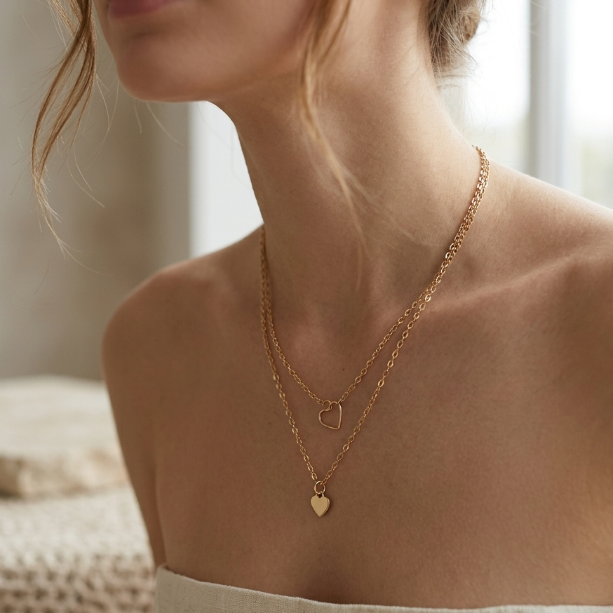 Woman wearing a gold necklace with heart pendants against a neutral background