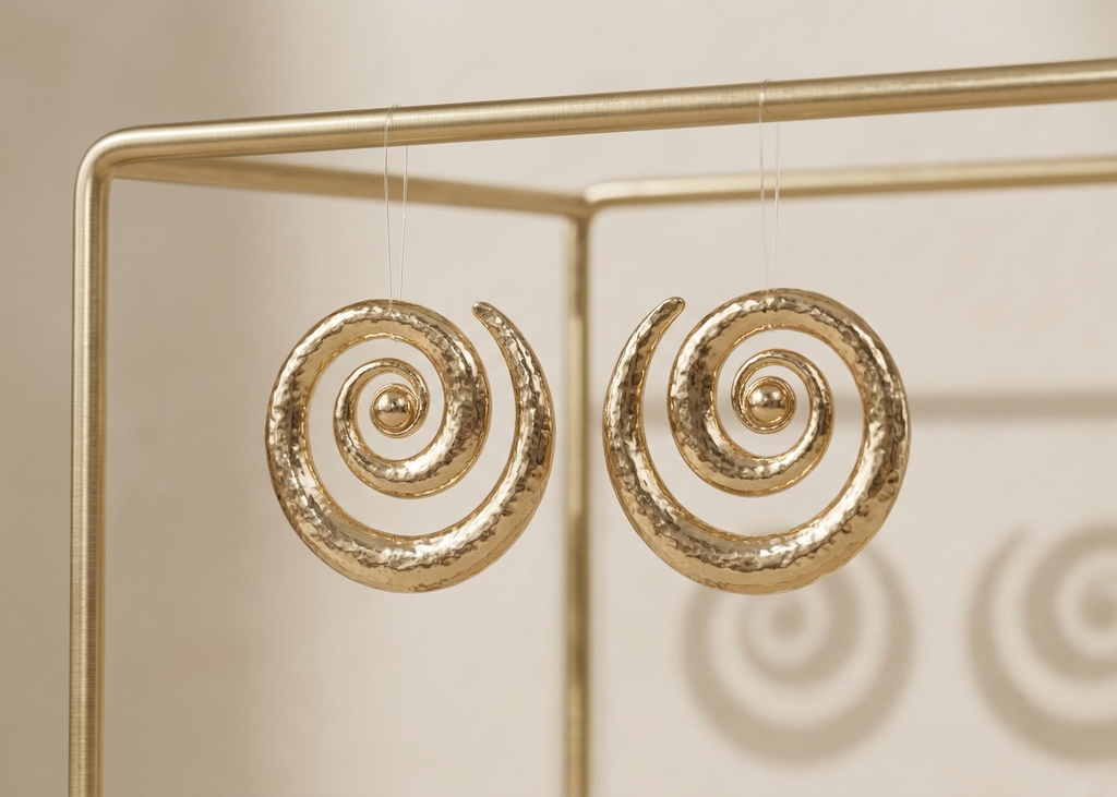 Gold spiral earrings on a gold stand against a beige background