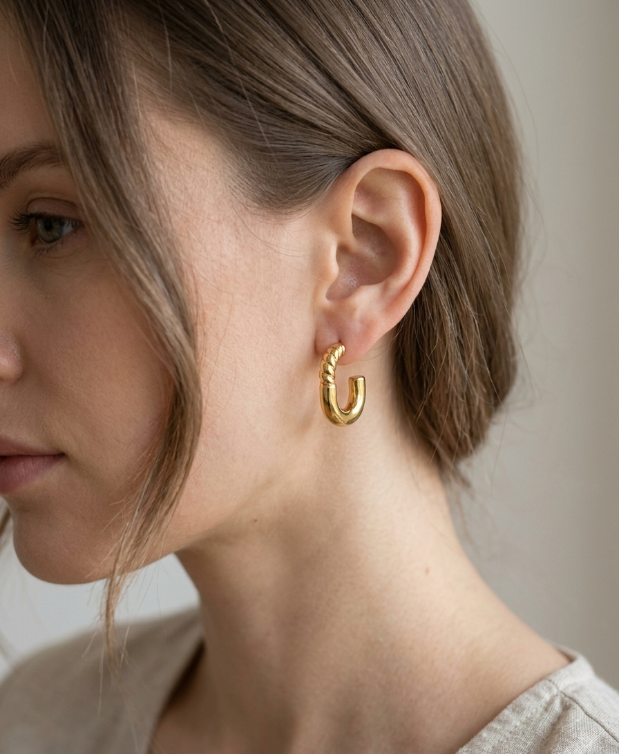 Close-up of a person wearing a gold hoop earring with a neutral background