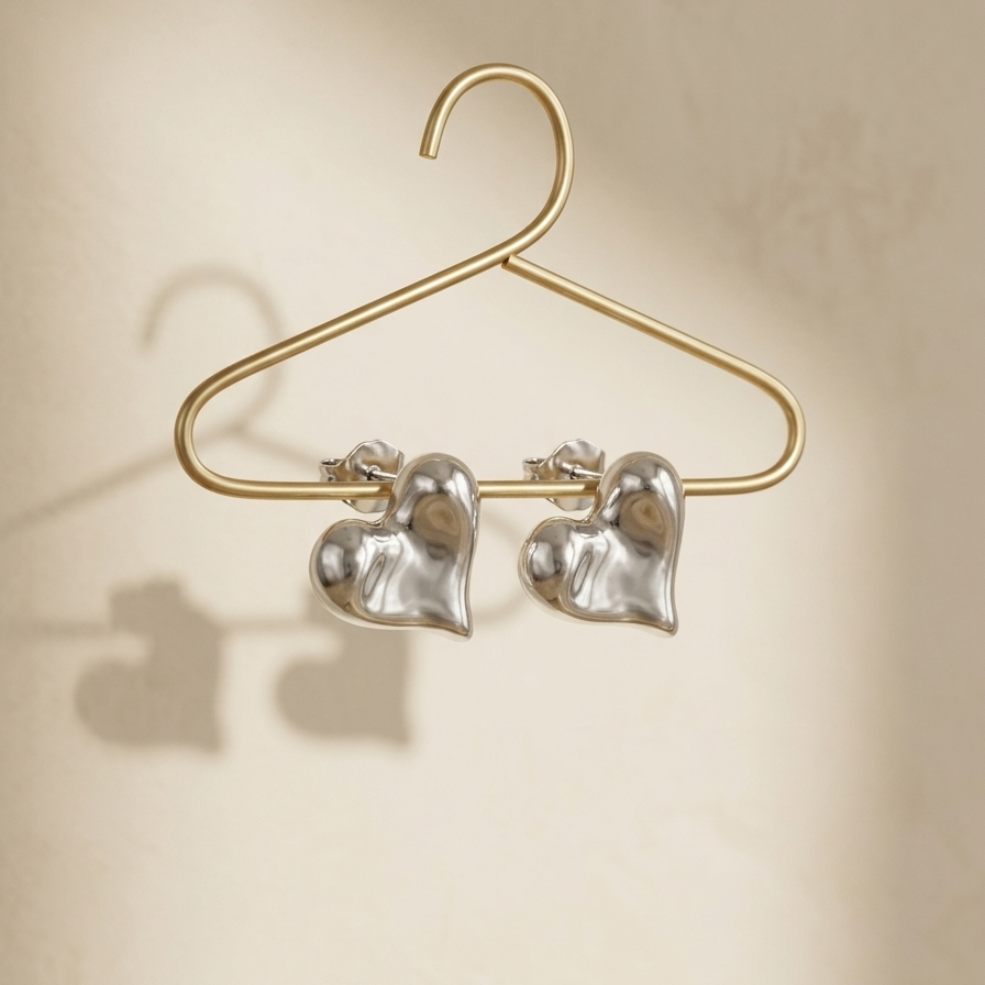 Heart-shaped earrings on a gold hanger against a beige background