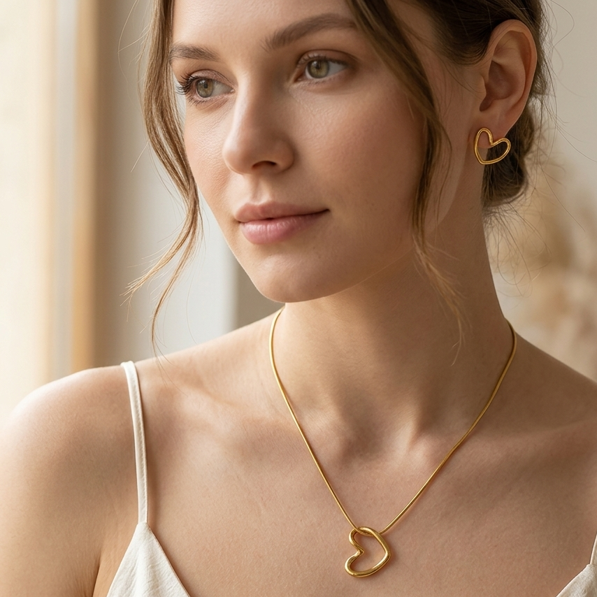 Woman wearing a gold heart-shaped necklace and earrings against a neutral background