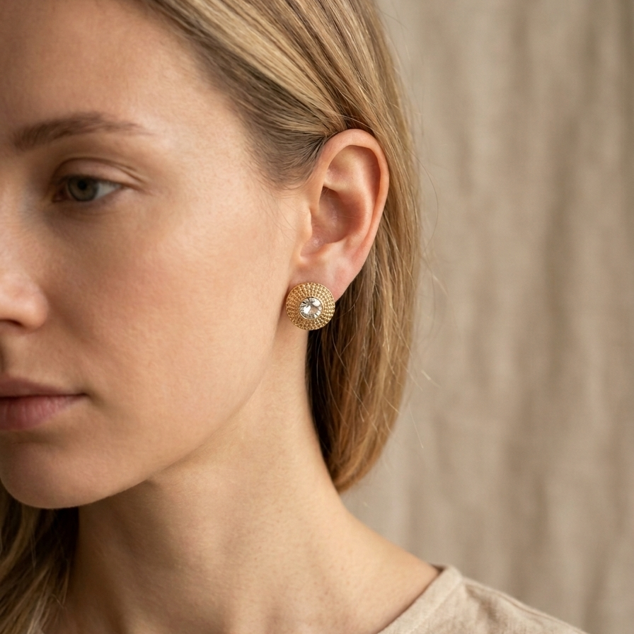 Vintage Crystal Statement Stud Earrings - 14k Gold Plated Round Textured Beaded Border Post Earrings