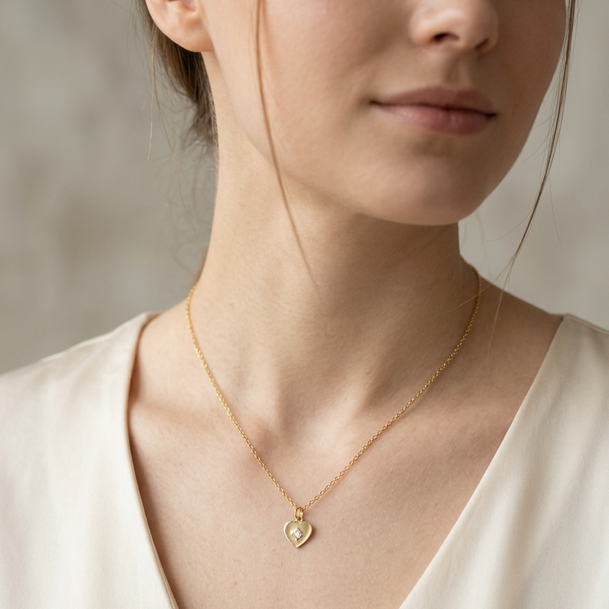Woman wearing a gold necklace with a heart pendant against a neutral background