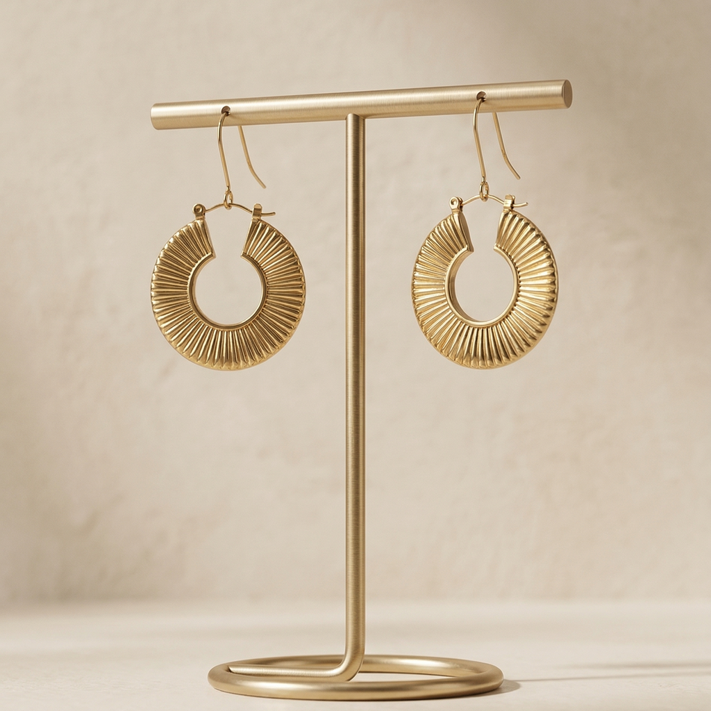 Gold hoop earrings on a matching gold stand against a beige background