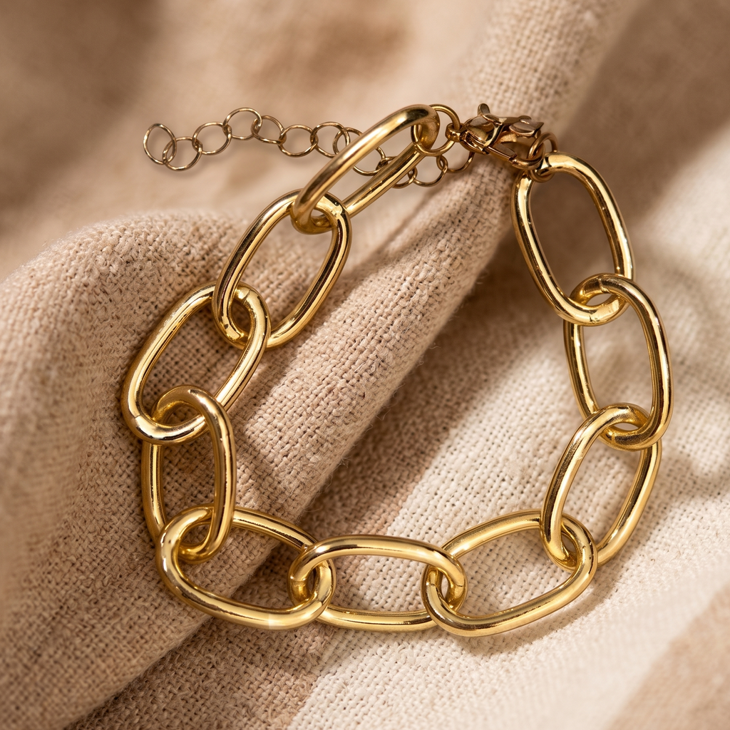 Chunky Golden Oval Link Statement Bracelet – Adjustable Paperclip Chain