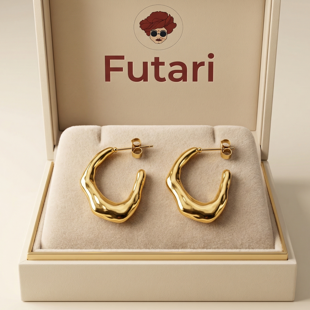 Gold hoop earrings in a 'Futari' branded box.