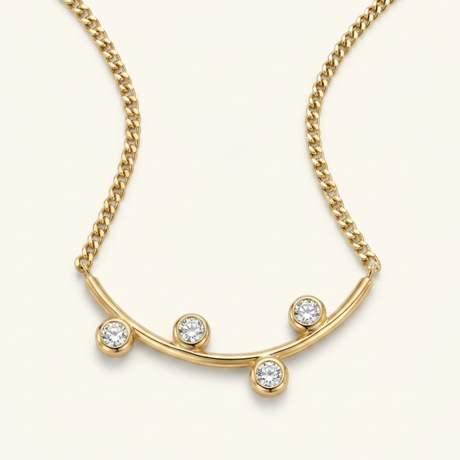 Gold necklace with small diamonds on a light beige background