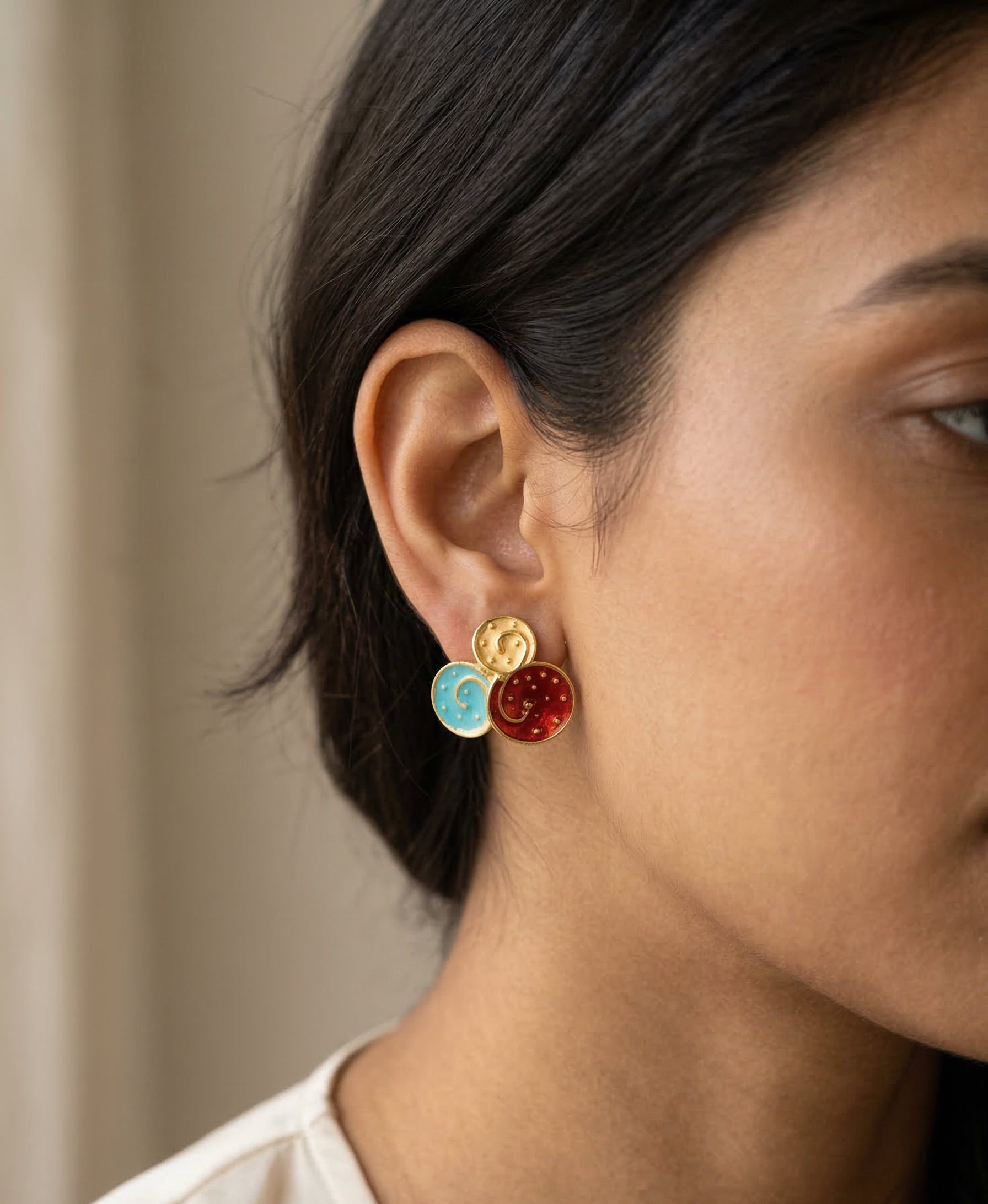 The Solstice Enamel & Brass Studs – Handcrafted Geometric Triple-Disc Earrings