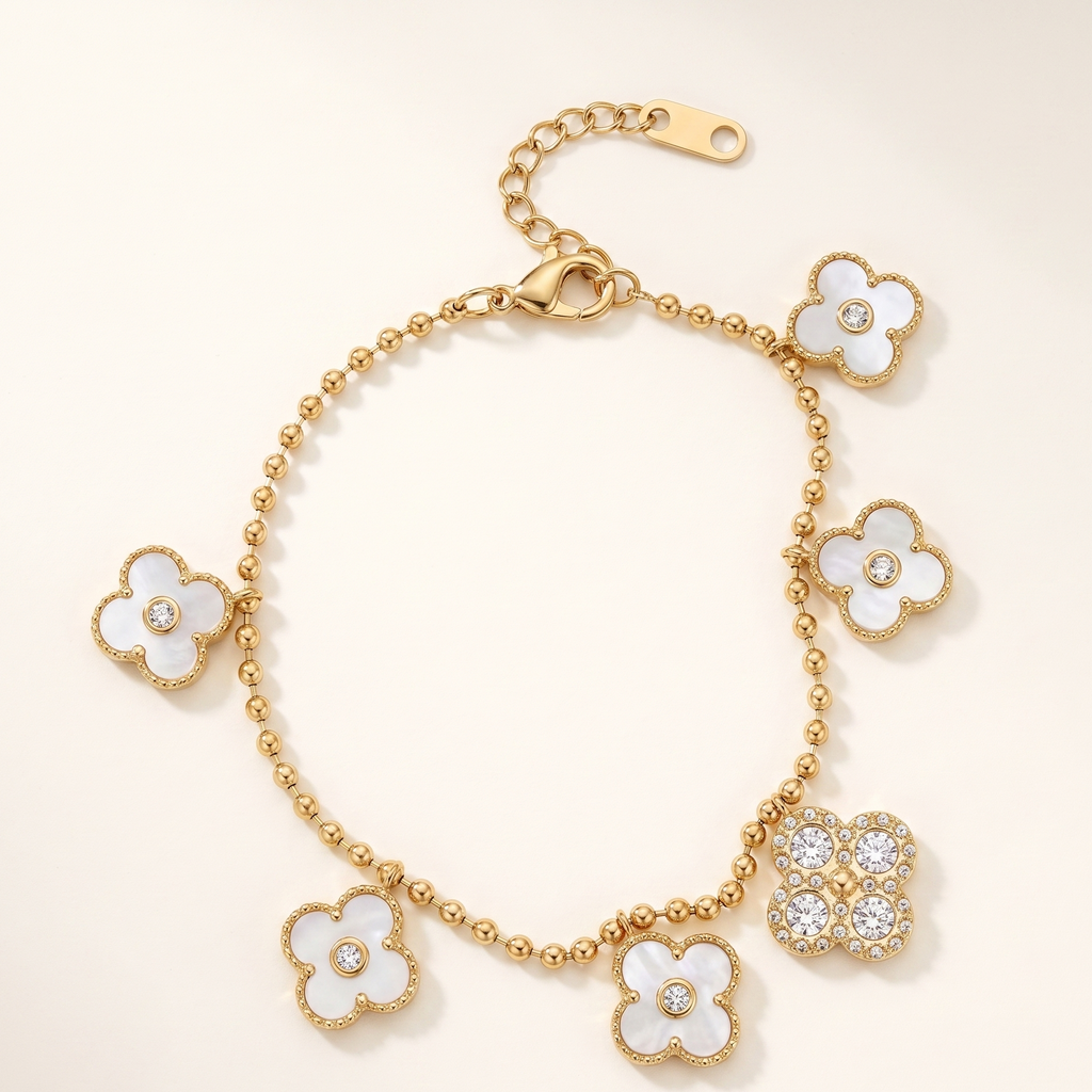 Luxe Mother of Pearl Clover Charm Bracelet | 18K Gold-Plated Anti-Tarnish Jewelry