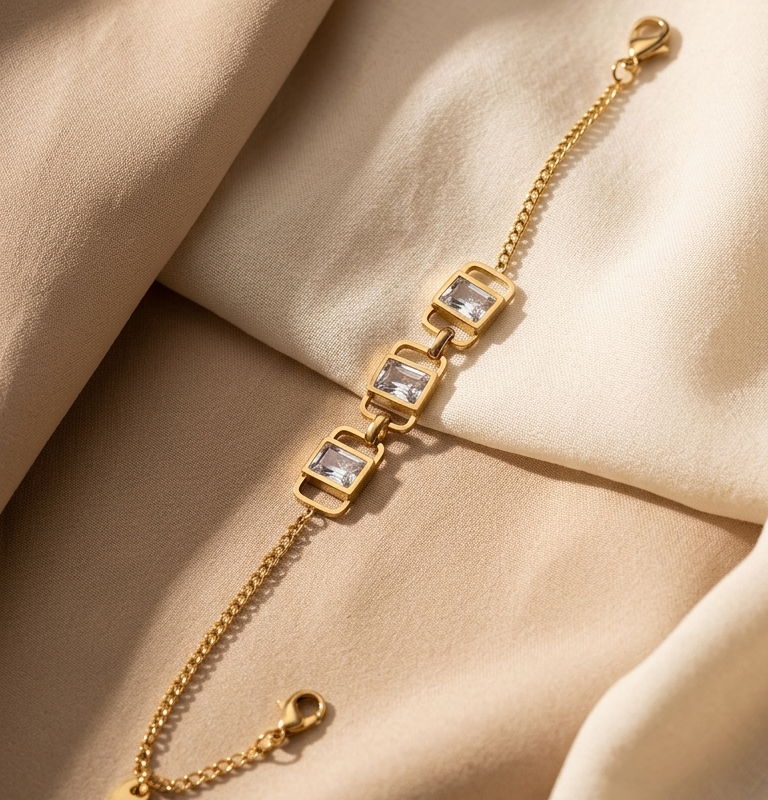 Luxe Geometric Crystal Chain Bracelet – Premium Gold-Plated Stainless Steel || Rakhi Gift for Sister