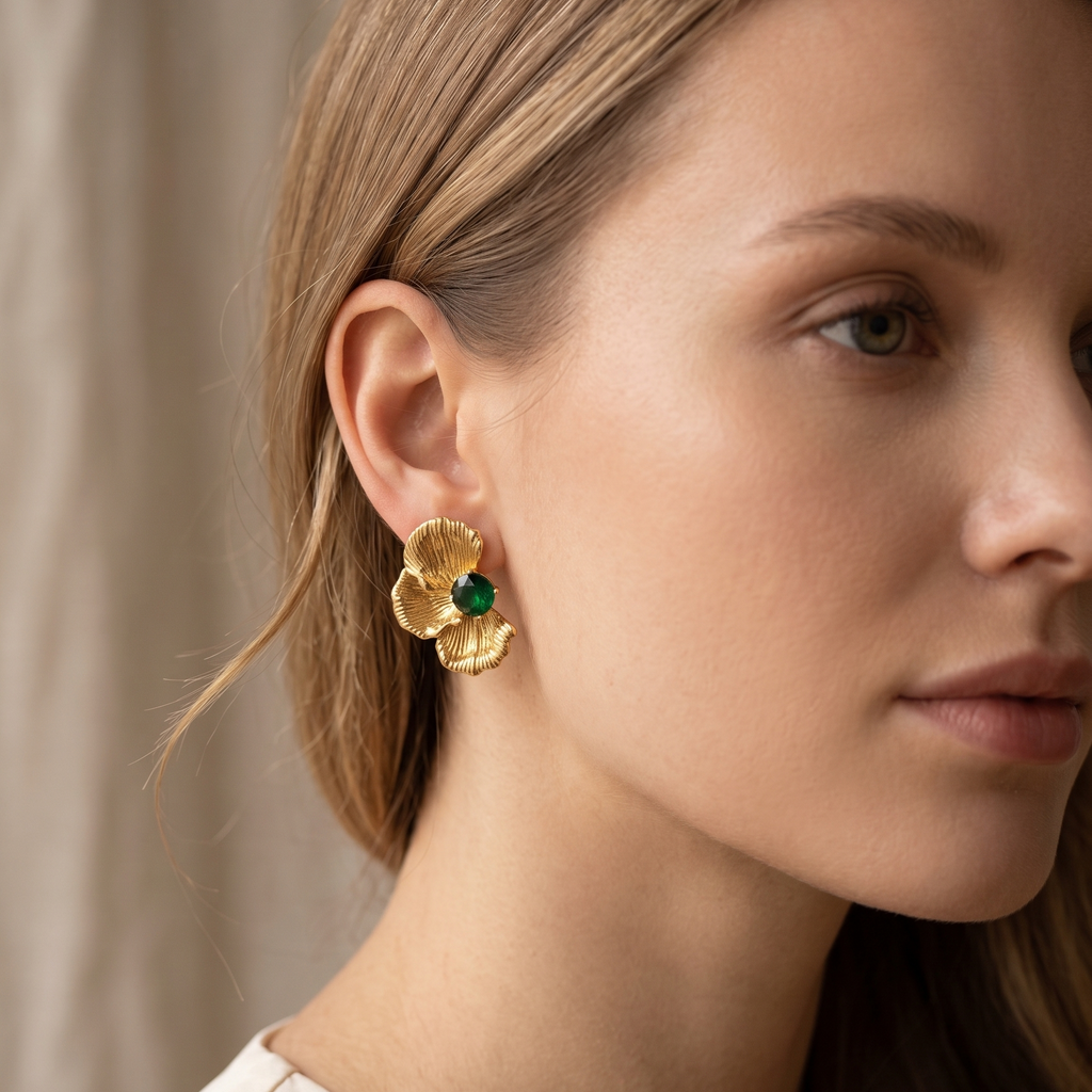 Close-up of a woman wearing gold earrings with green gemstones against a neutral background
