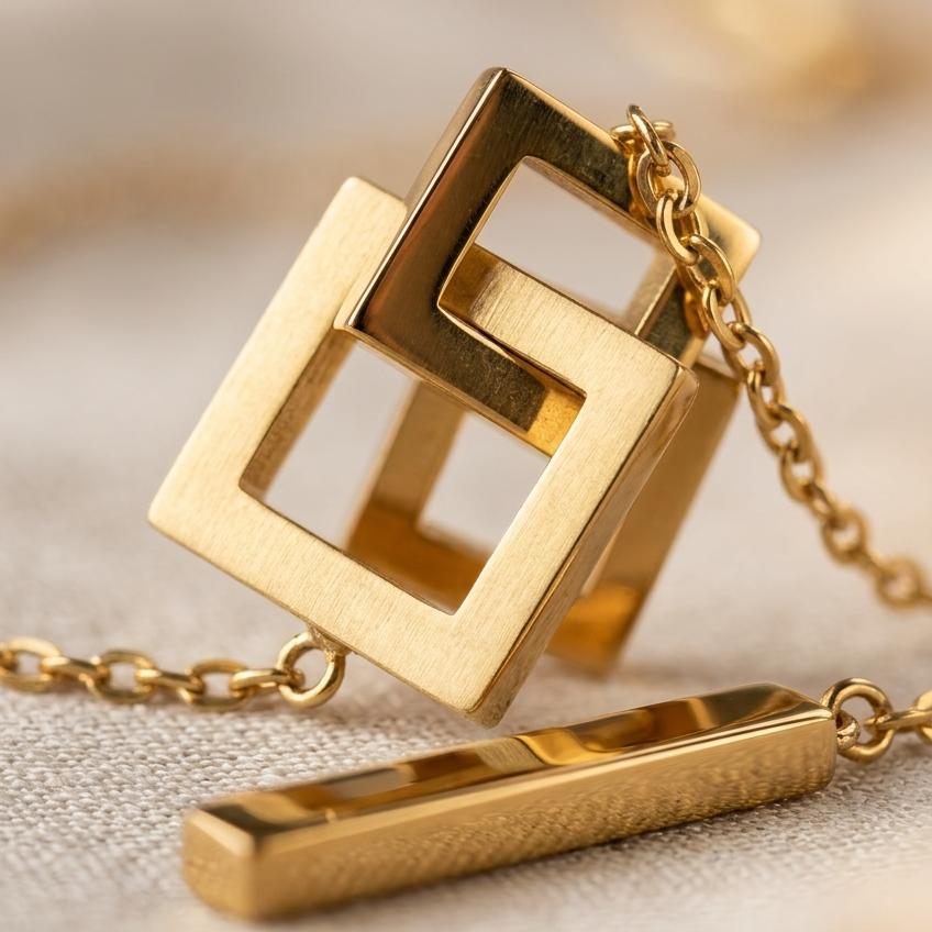 Gold necklace with geometric pendants on a textured surface