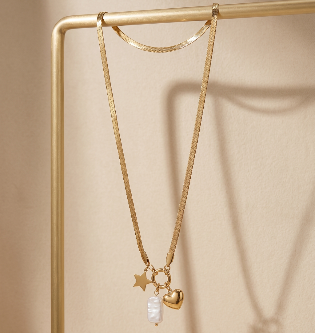 Celestial Heart & Baroque Pearl Anti-Tarnish Snake Chain Necklace