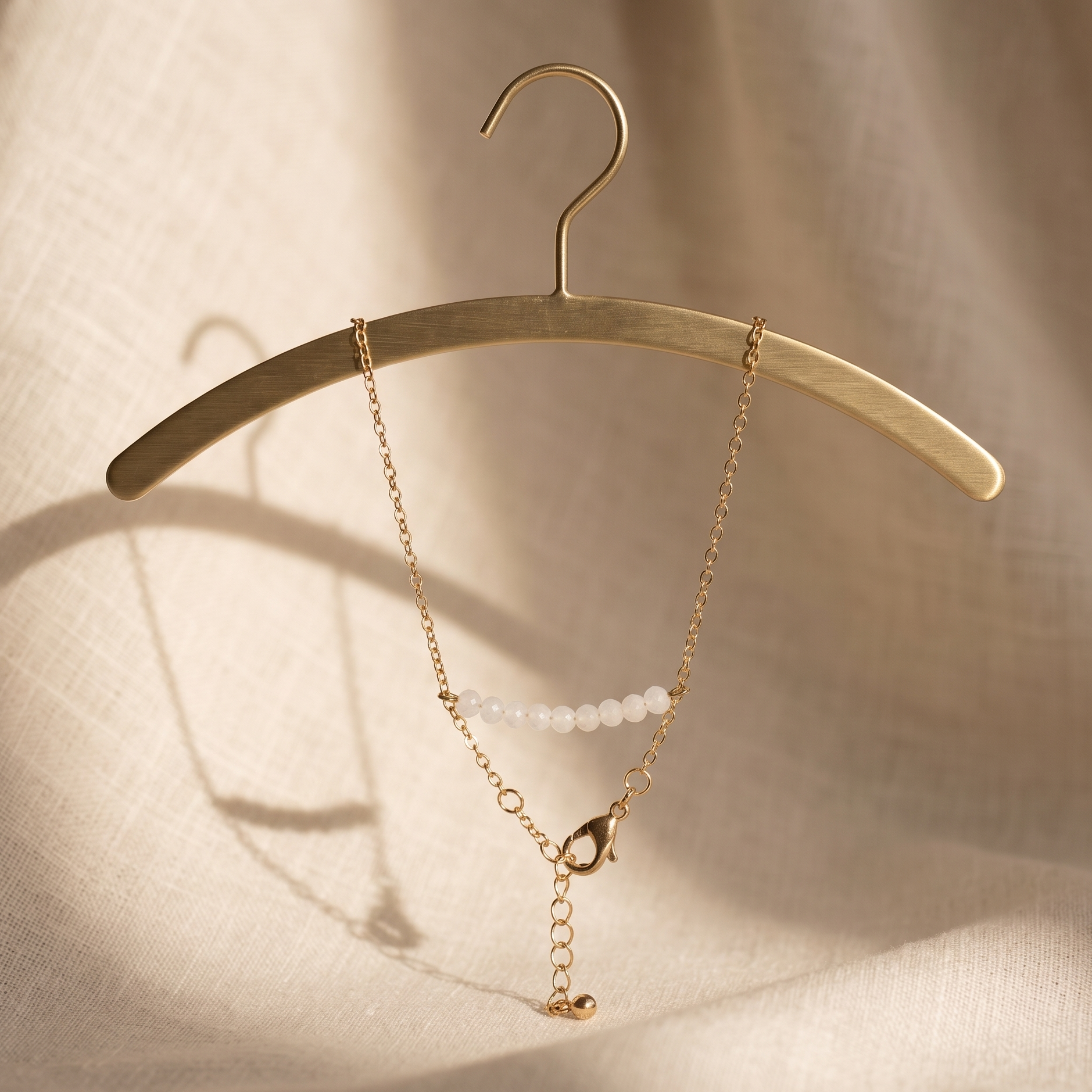 Gold necklace on a gold hanger against a beige fabric background