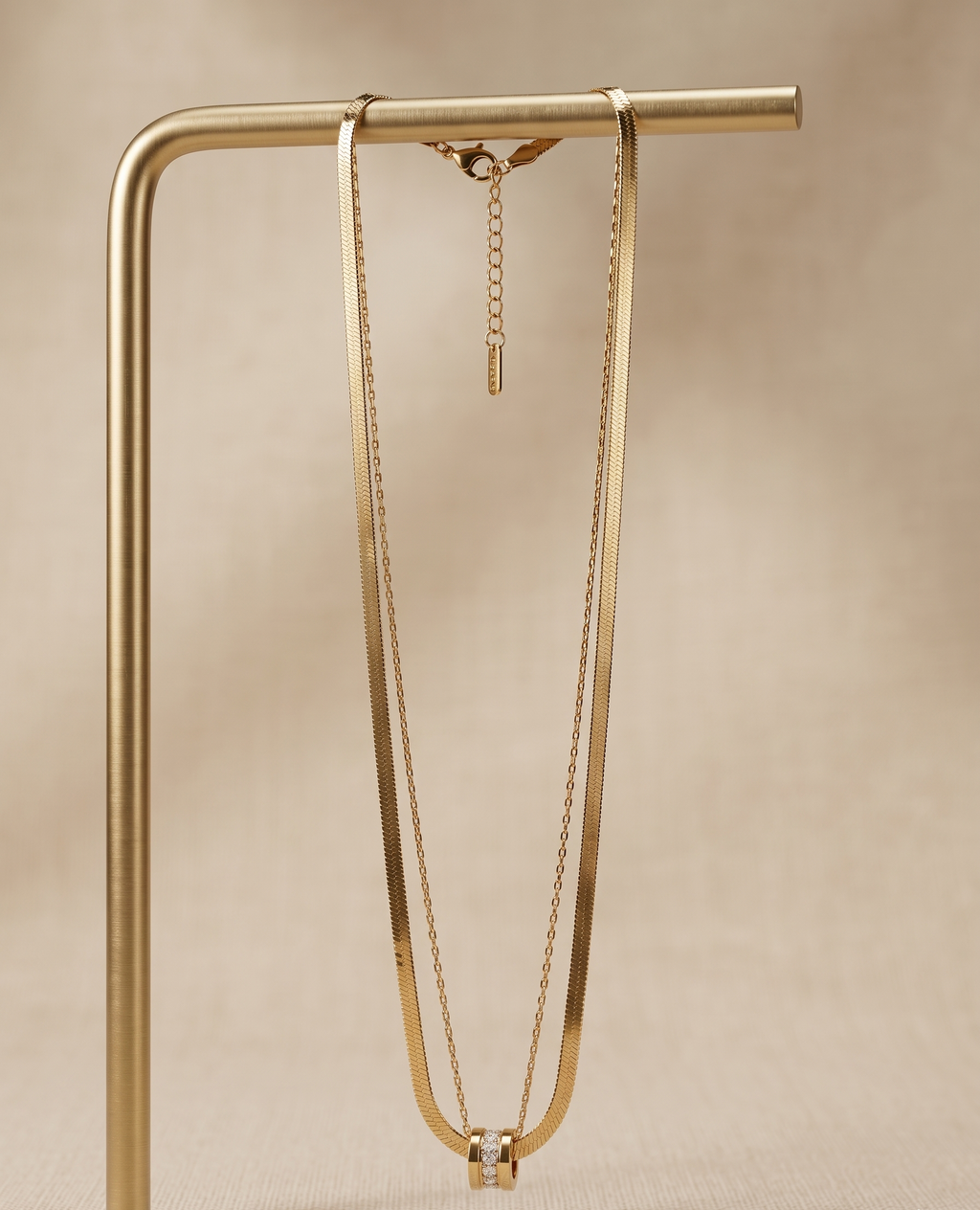 Double-Layered Golden Hour Necklace – Herringbone & Pavé Bead Duo