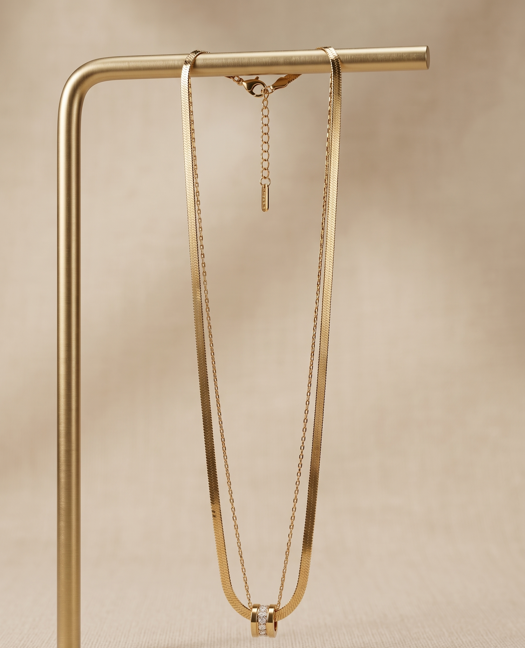 Double-Layered Golden Hour Necklace – Herringbone & Pavé Bead Duo