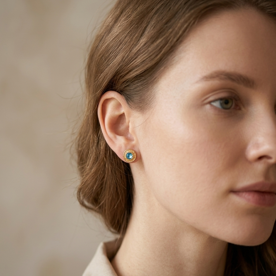 Vintage Gold Turquoise Stud Earrings - 14k Gold Plated Round Textured Etruscan Border Post Earrings