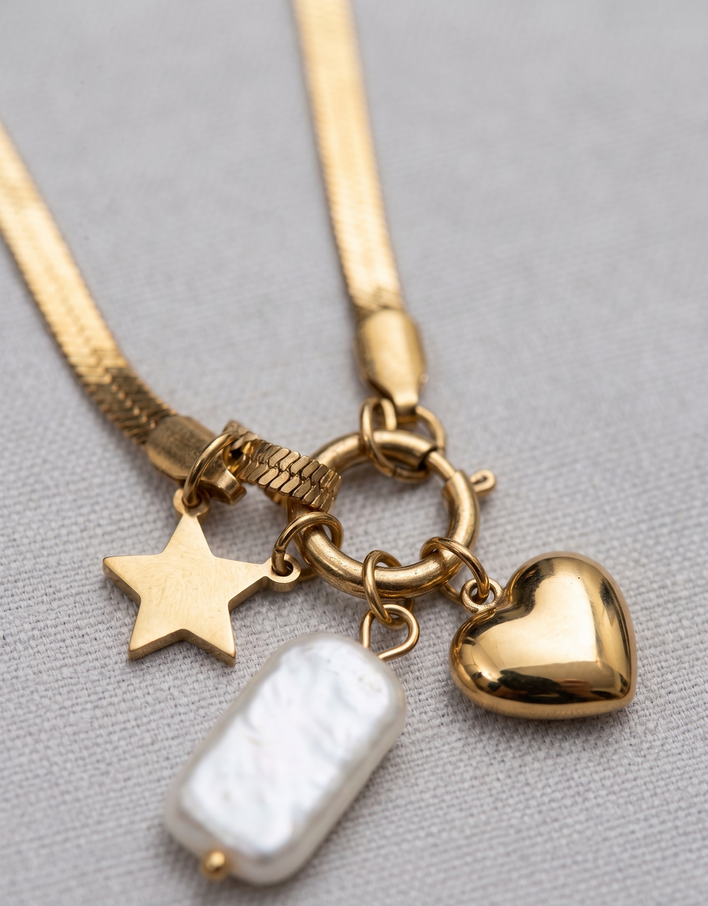 Celestial Heart & Baroque Pearl Anti-Tarnish Snake Chain Necklace